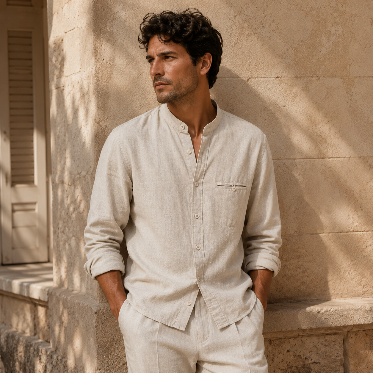 Band Collar Linen Shirt