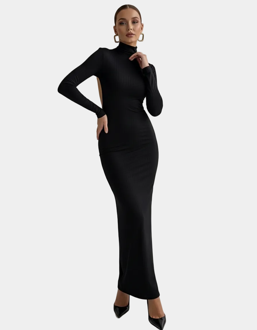 backless dress turtleneck Norma Kamali Long Sleeve Turtleneck Open Back Fishtail Dress in Black